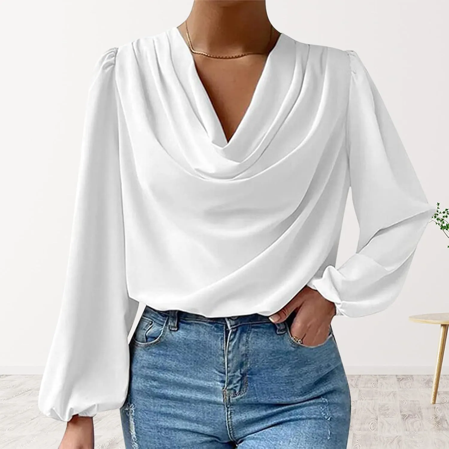 Women's Satin Silk Draped Cowl Neck Ruched Long Sleeve Crop Tops Dressy Casual Blouse Shirt Spring Fashion 2023