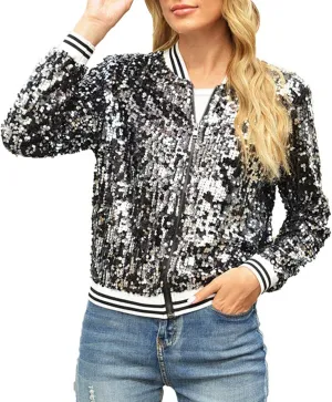 Women's Sequins V Neck Zip Up Jacket Casual Cropped Long Sleeve Party Outwear Glitter Lightweight Shiny Trends Outfits