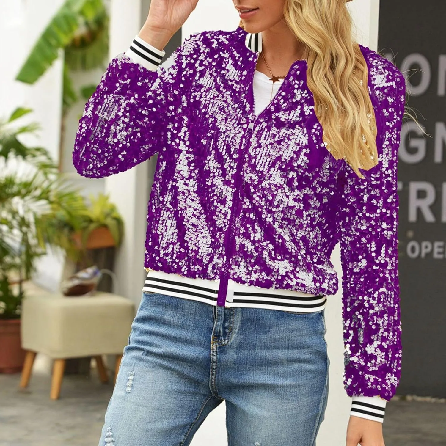 Women's Sequins V Neck Zip Up Jacket Casual Cropped Long Sleeve Party Outwear Glitter Lightweight Shiny Trends Outfits