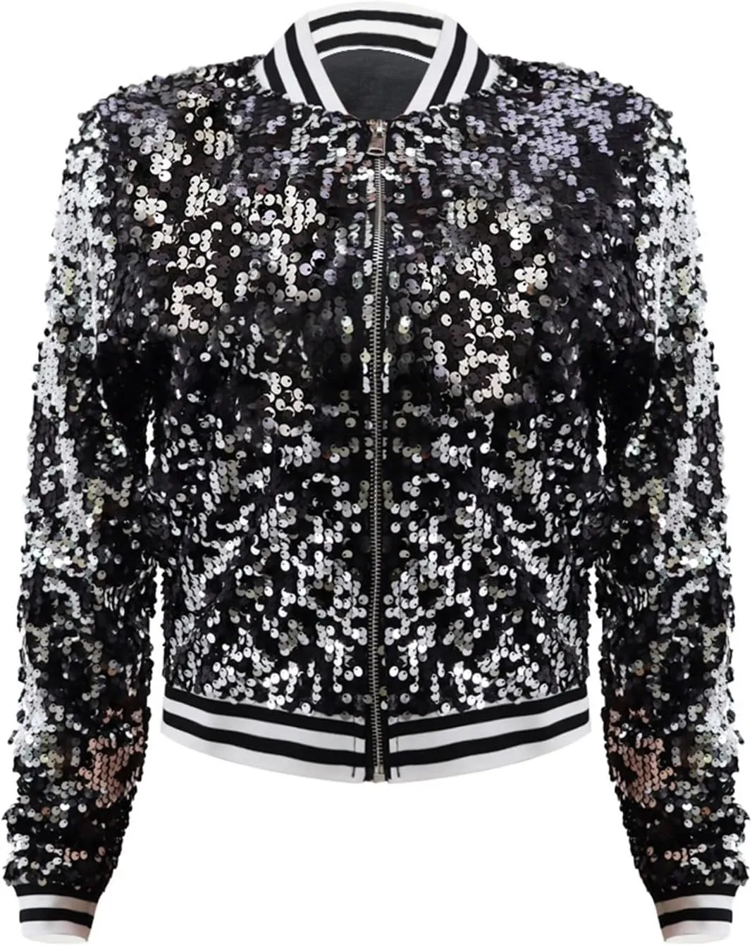 Women's Sequins V Neck Zip Up Jacket Casual Cropped Long Sleeve Party Outwear Glitter Lightweight Shiny Trends Outfits