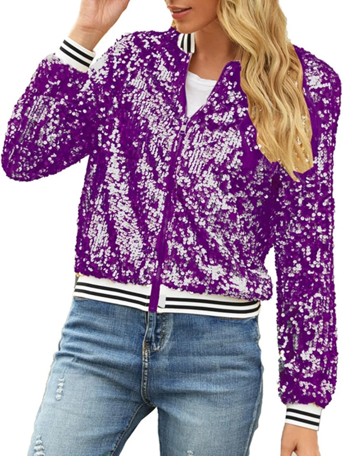 Women's Sequins V Neck Zip Up Jacket Casual Cropped Long Sleeve Party Outwear Glitter Lightweight Shiny Trends Outfits