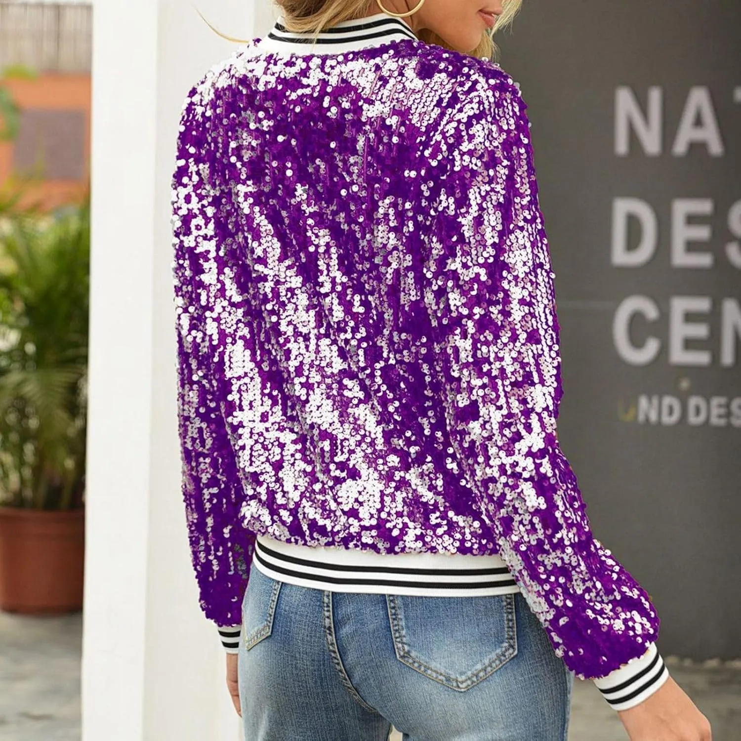 Women's Sequins V Neck Zip Up Jacket Casual Cropped Long Sleeve Party Outwear Glitter Lightweight Shiny Trends Outfits