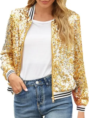 Women's Sequins V Neck Zip Up Jacket Casual Cropped Long Sleeve Party Outwear Glitter Lightweight Shiny Trends Outfits