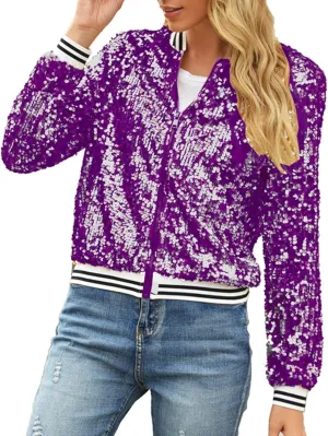 Women's Sequins V Neck Zip Up Jacket Casual Cropped Long Sleeve Party Outwear Glitter Lightweight Shiny Trends Outfits