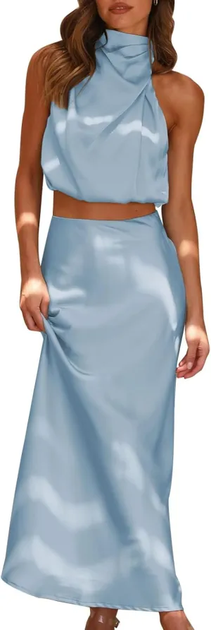Womens Sets 2 Piece Satin Outfits Summer Sleeveless Mock Neck Crop Tops   Long Skirt Dress Evening Party Sets