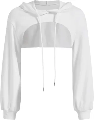 Womens Sexy Hoodies Trendy Loose Drawstring Long Sleeve Pullover Cropped Cutoff Hoodies Solid Color Streetwear Hooded Clothes Zipper Hoodies For Women,White,M, Medium