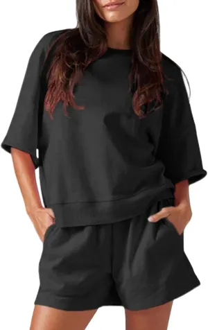 Womens Short Sets 2 Piece Outfits Pajama Sets for Women 2 Piece Short Sleeve Oversized Tops Lounge Sets Loungewear