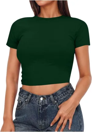 Womens Short Sleeve Crop Tops Basic T Shirts Scoop Neck Slim Fit Going Out Summer Tees Y2k Clothing 2025
