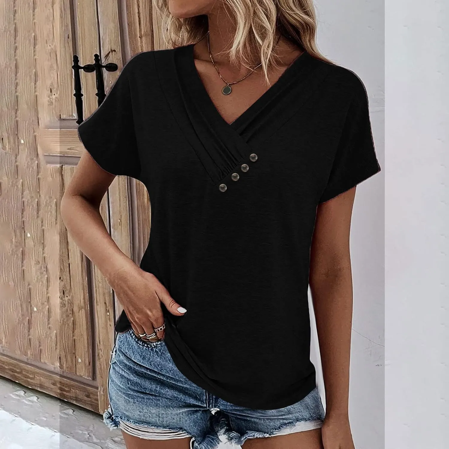 Womens Short Sleeve Dressy Casual Tshirt Loose Button Decor Summer Tunic Blouses