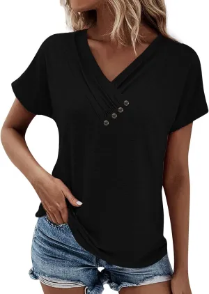 Womens Short Sleeve Dressy Casual Tshirt Loose Button Decor Summer Tunic Blouses