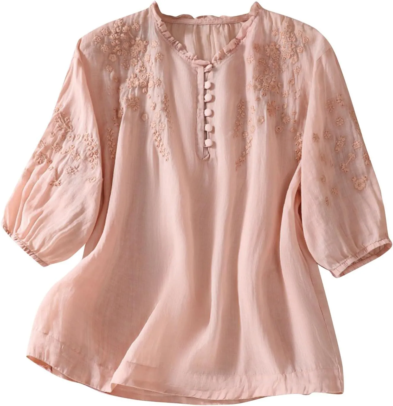 Women's Short Sleeve Embroidery Shirts Round Neck Button Up Loose Casual Cotton Linen T-Shirt Summer Retro Blouse Tops