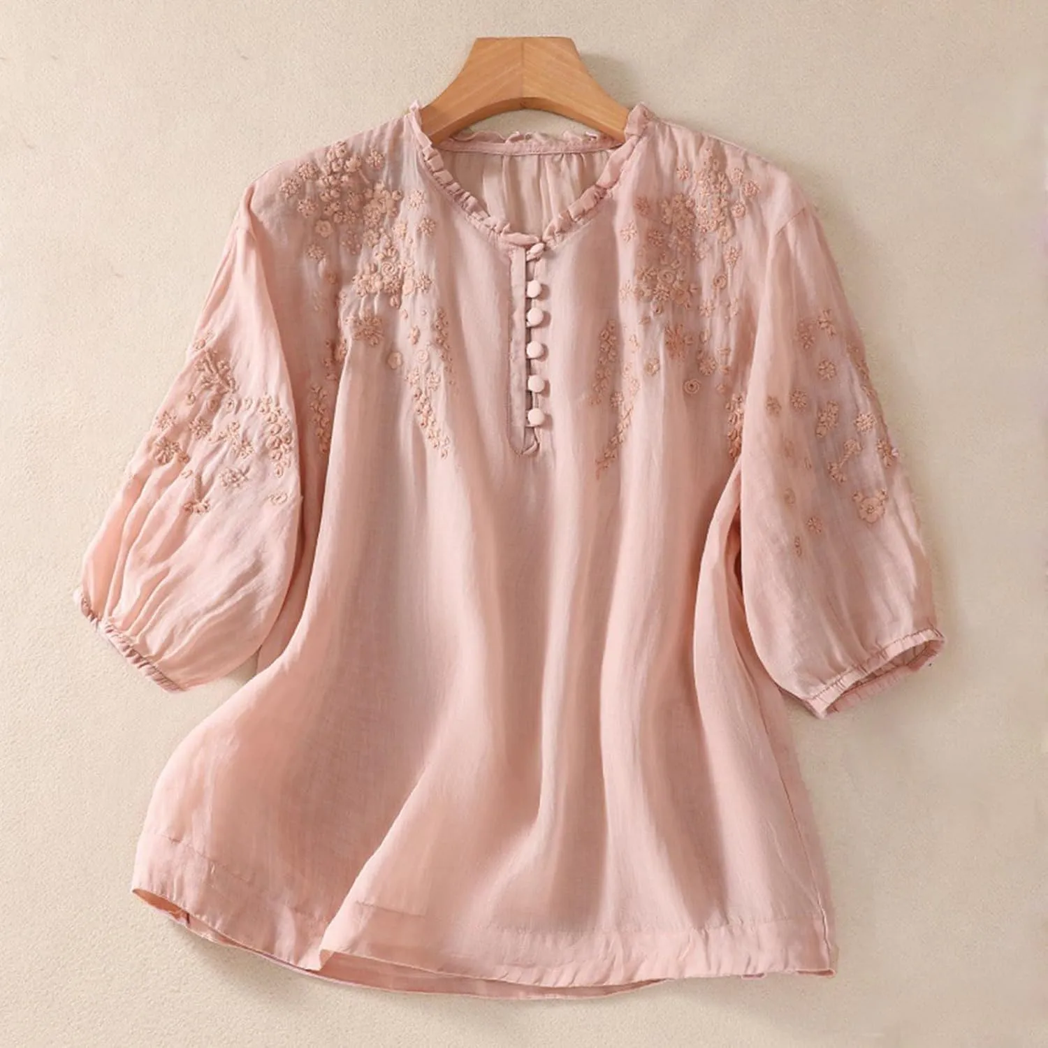 Women's Short Sleeve Embroidery Shirts Round Neck Button Up Loose Casual Cotton Linen T-Shirt Summer Retro Blouse Tops