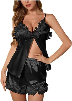 Women's Silk Satin Camisole Pajama Sets Sexy Open Front Appliques V Neck Sleepwear Summer Pjs Shorts 2 Piece Lounge Set