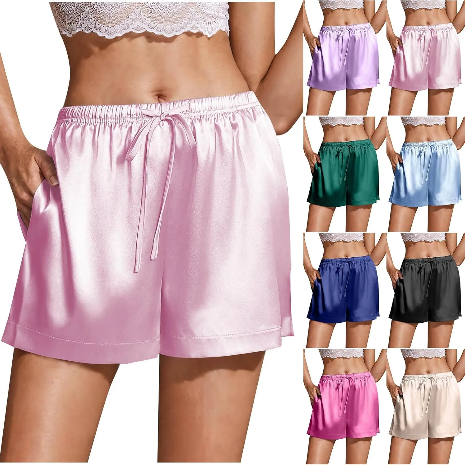 Women's Silk Satin Pajama Shorts Casual Summer Drawstring Sleepwear Pj Bottoms Soft Boxer Lounge Shorts with Pockets