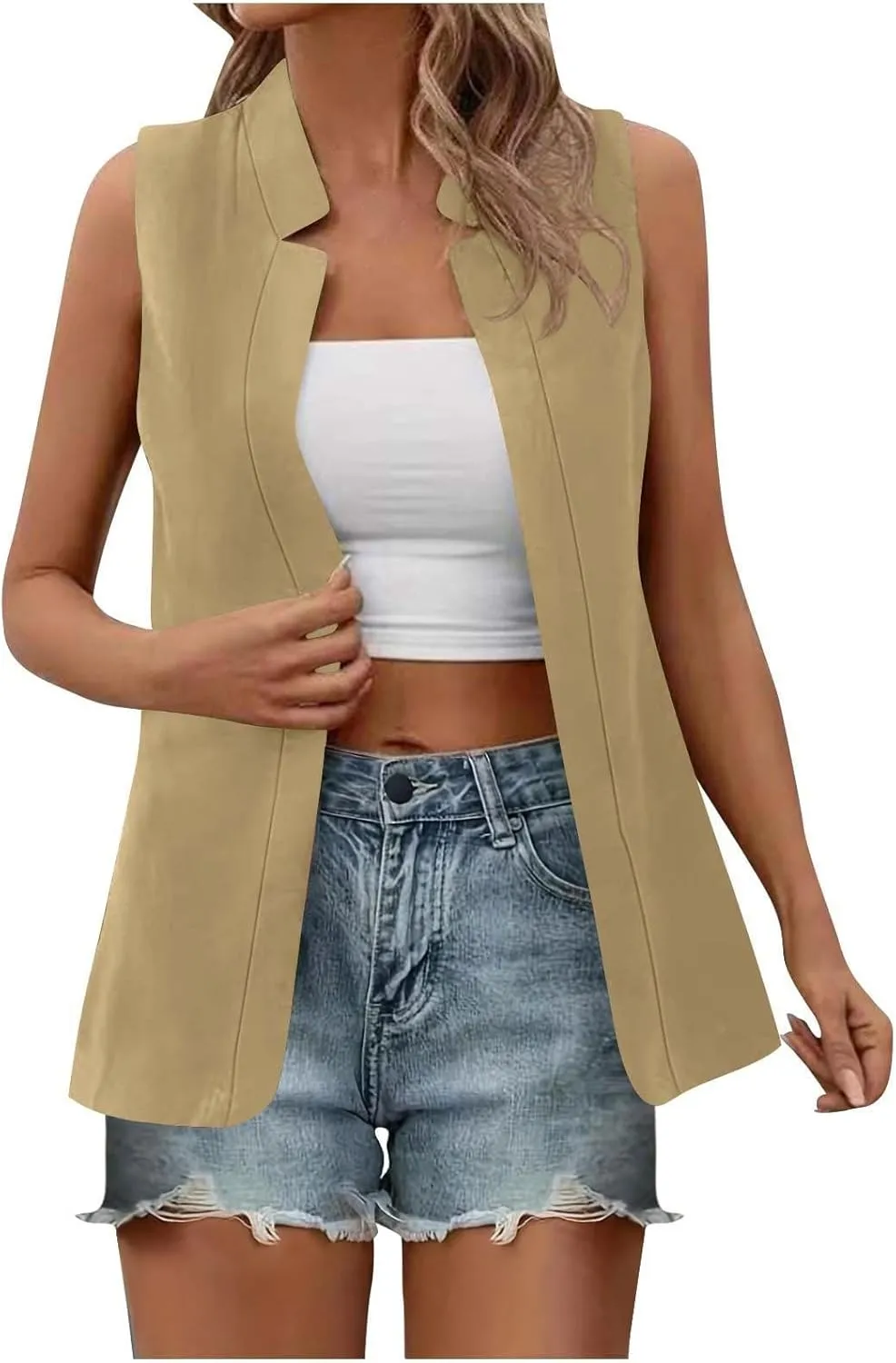 Womens Sleeveless Blazers 2025 Summer Casual Notch Lapel Open Front Cardigans Lightweight Suit Vest Tops Waistcoat