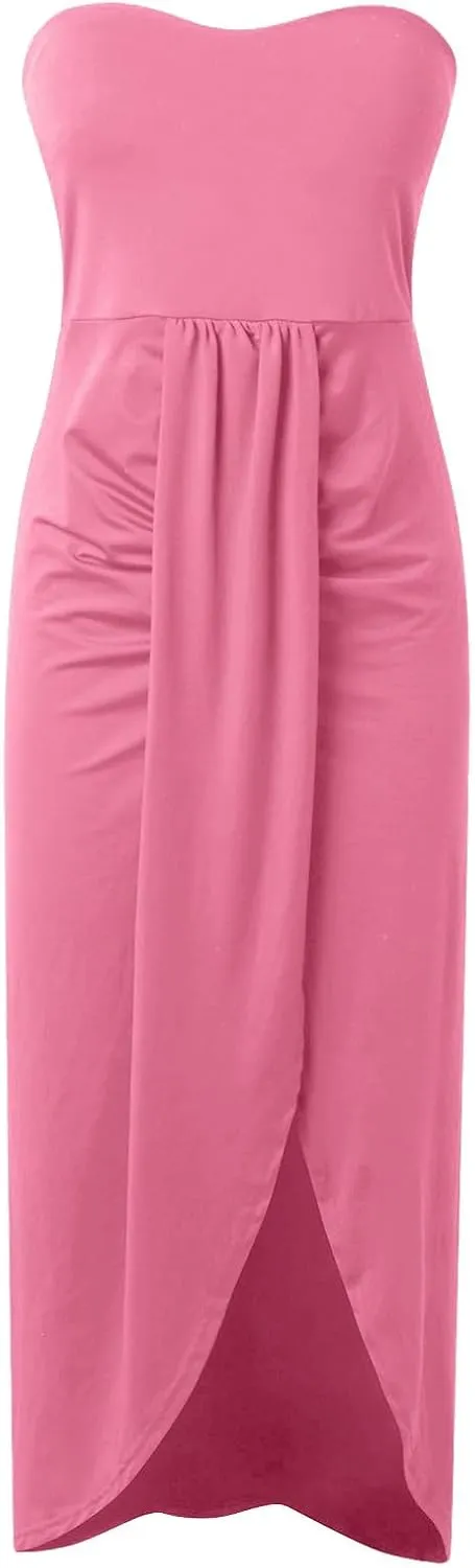 Women's Strapless Ruched High Waist Wrap Split Asymmetrical Solid Color Beach Maxi Long Dresses