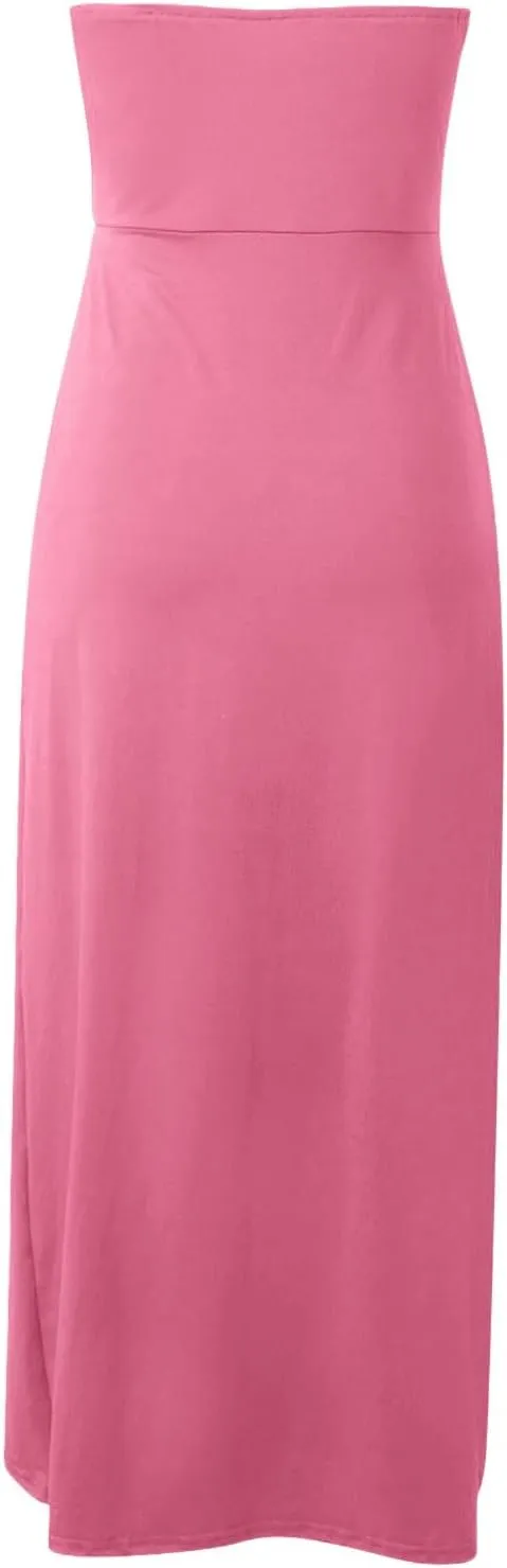 Women's Strapless Ruched High Waist Wrap Split Asymmetrical Solid Color Beach Maxi Long Dresses