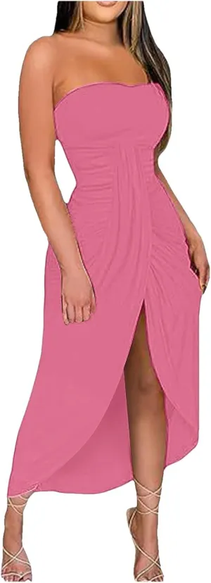 Women's Strapless Ruched High Waist Wrap Split Asymmetrical Solid Color Beach Maxi Long Dresses