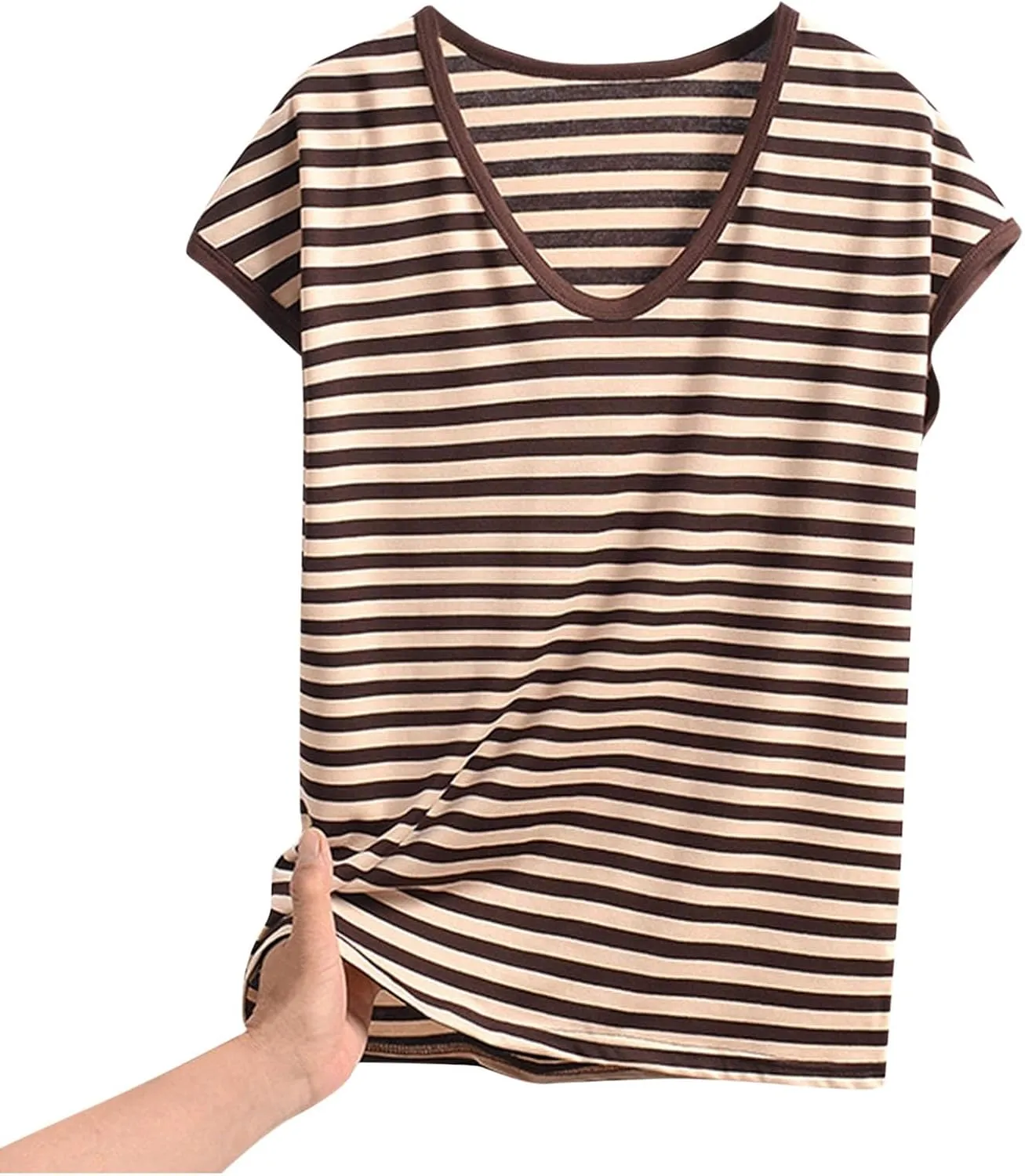 Women's Striped Sleep T-Shirt Loose Crew Neck Pajamas Tops Cap Sleeve Sleepwear Soft Pjs Tshirts Comfy Lounge Tees