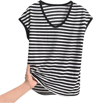 Women's Striped Sleep T-Shirt Loose Crew Neck Pajamas Tops Cap Sleeve Sleepwear Soft Pjs Tshirts Comfy Lounge Tees