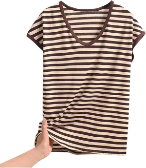 Women's Striped Sleep T-Shirt Loose Crew Neck Pajamas Tops Cap Sleeve Sleepwear Soft Pjs Tshirts Comfy Lounge Tees
