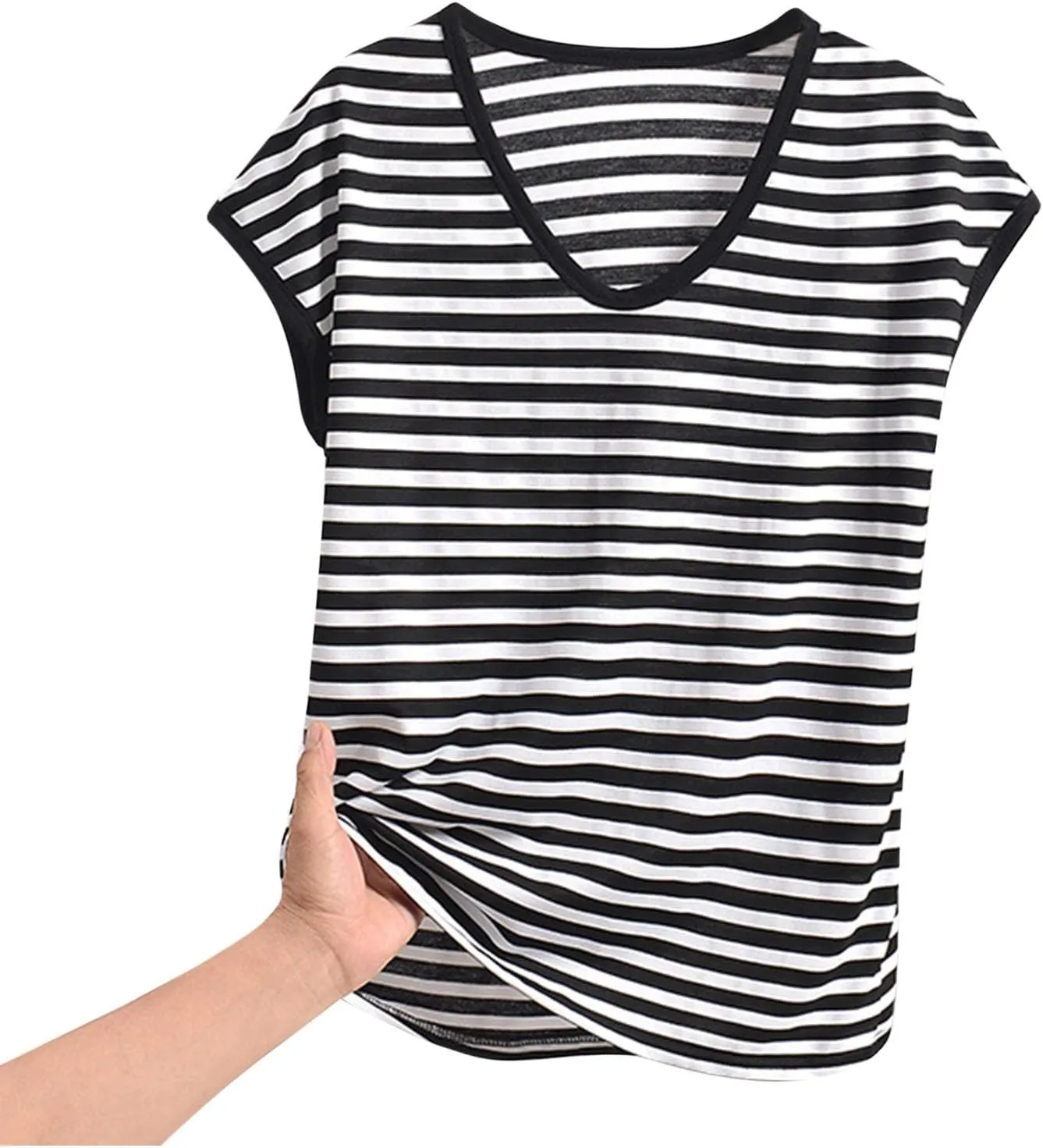 Women's Striped Sleep T-Shirt Loose Crew Neck Pajamas Tops Cap Sleeve Sleepwear Soft Pjs Tshirts Comfy Lounge Tees