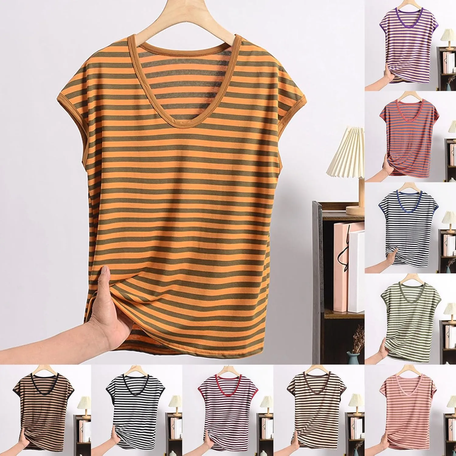 Women's Striped Sleep T-Shirt Loose Crew Neck Pajamas Tops Cap Sleeve Sleepwear Soft Pjs Tshirts Comfy Lounge Tees