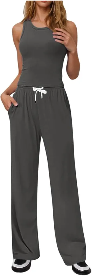 Women's Summer 2 Piece Outfits Sleeveless Crop Tank Top and Wide Leg Pants Beach Travel Vacation Tracksuit Lounge Sets