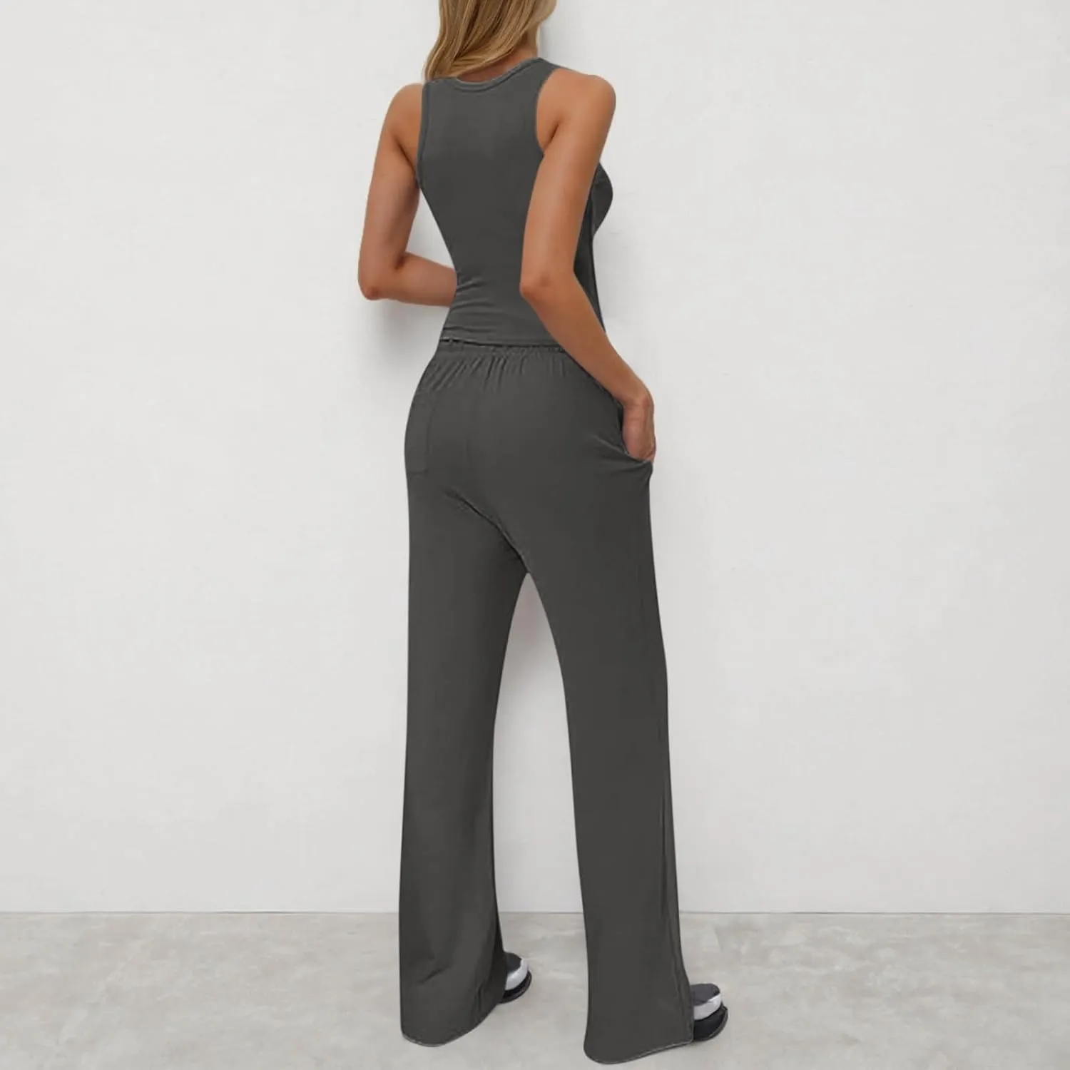 Women's Summer 2 Piece Outfits Sleeveless Crop Tank Top and Wide Leg Pants Beach Travel Vacation Tracksuit Lounge Sets