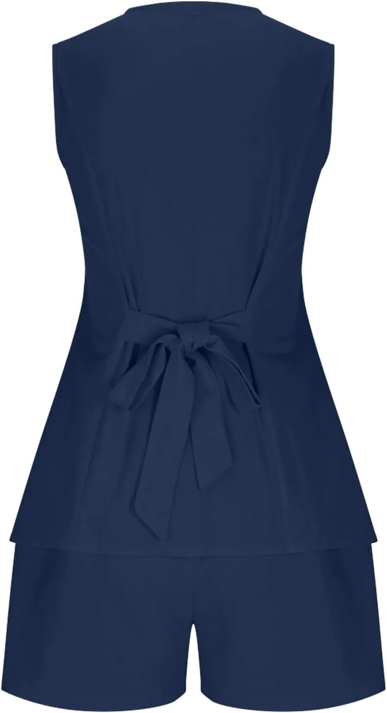 Womens Summer 2 Piece Outfits Sleeveless Matching Sets Button Down V Neck Vest Waistcoat Drawstring Shorts Casual Sets