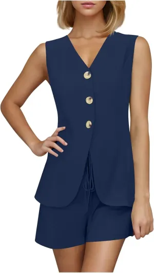 Womens Summer 2 Piece Outfits Sleeveless Matching Sets Button Down V Neck Vest Waistcoat Drawstring Shorts Casual Sets