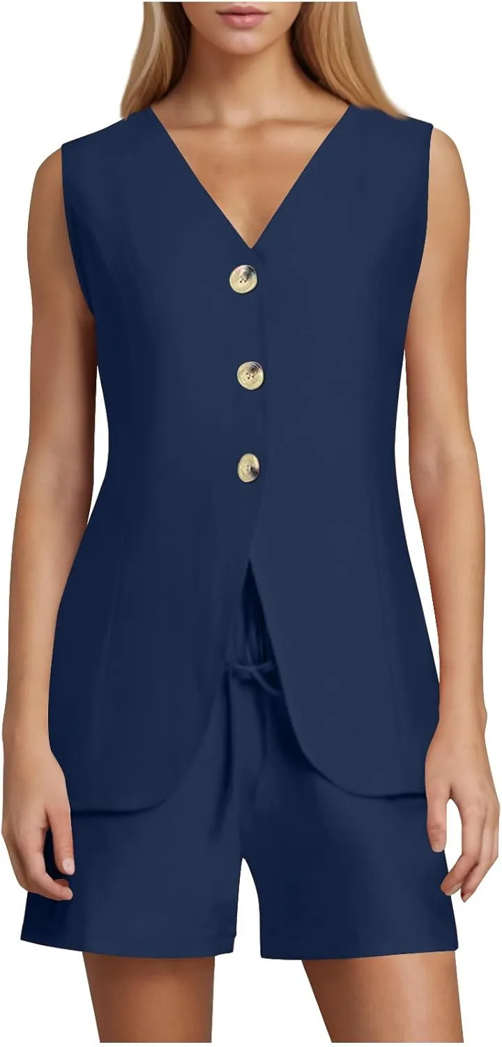 Womens Summer 2 Piece Outfits Sleeveless Matching Sets Button Down V Neck Vest Waistcoat Drawstring Shorts Casual Sets