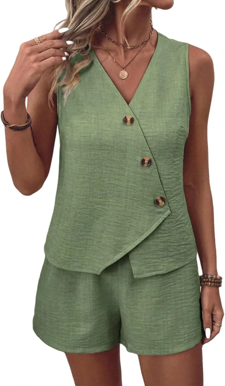 Women's Summer 2 Piece Sets V Neck Button Down Blazer Vest Shorts Sets Business Casual Outfits Dressy Suit Sets