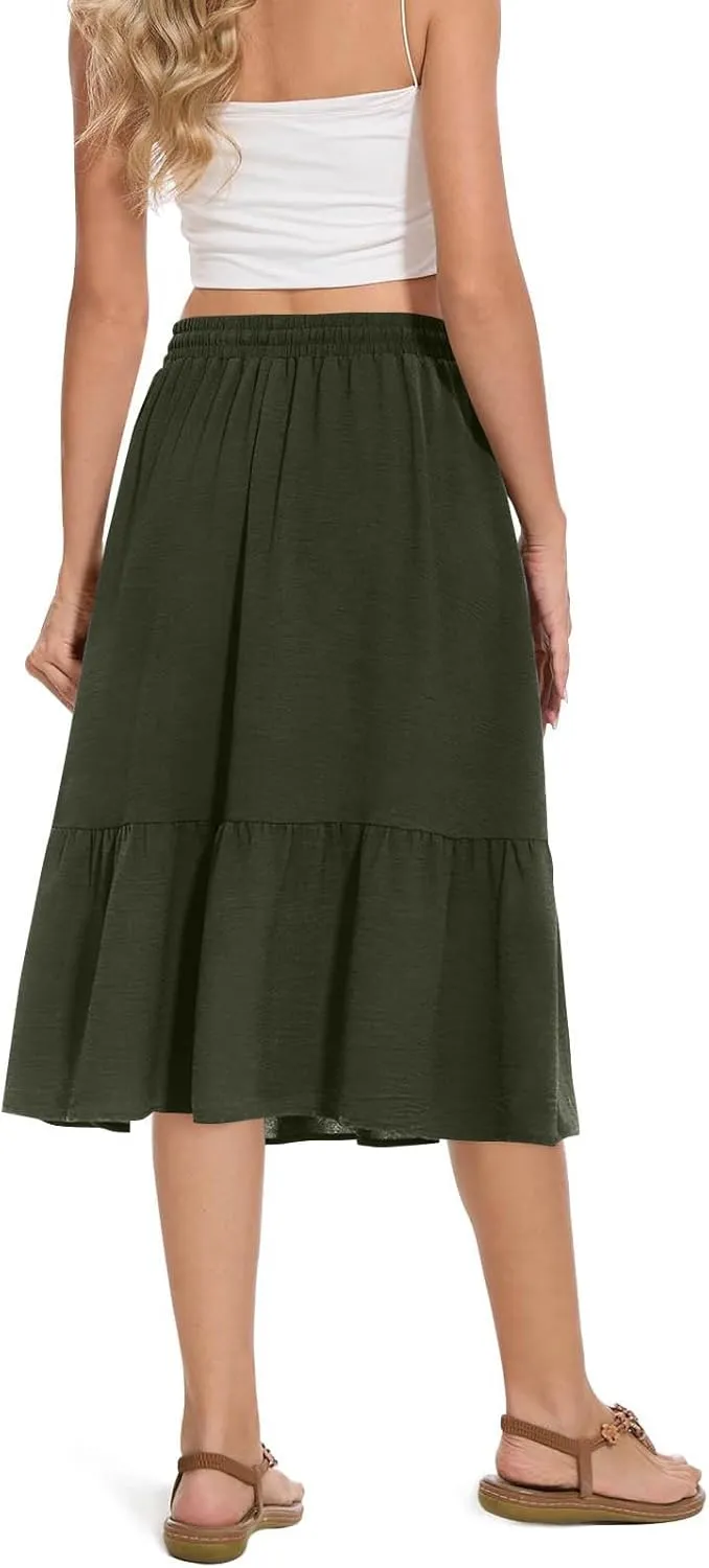Women's Summer High Waisted Skirts Tiered Ruffle Skirts Boho Flowy Swing Pleated Skirt Casual A-Line Maxi Skirt