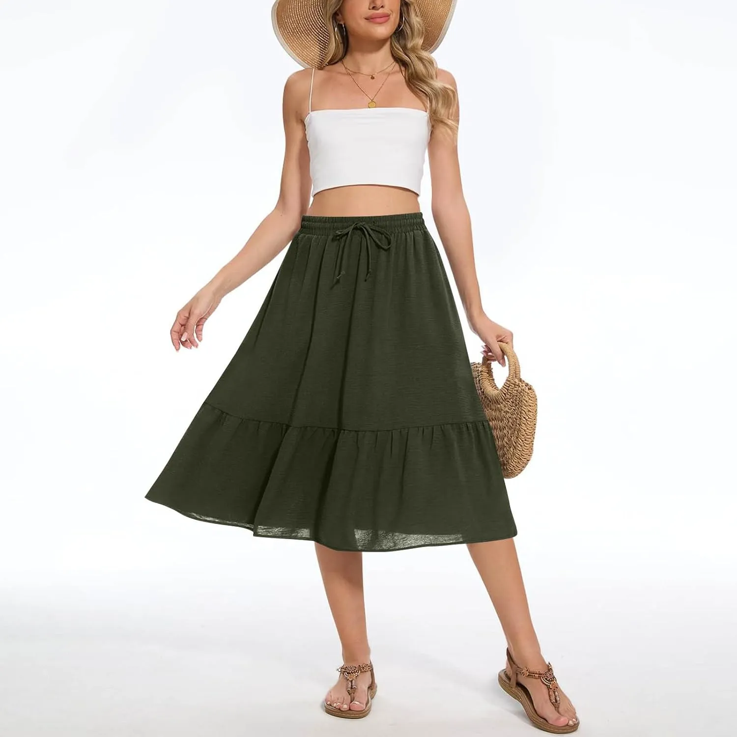 Women's Summer High Waisted Skirts Tiered Ruffle Skirts Boho Flowy Swing Pleated Skirt Casual A-Line Maxi Skirt