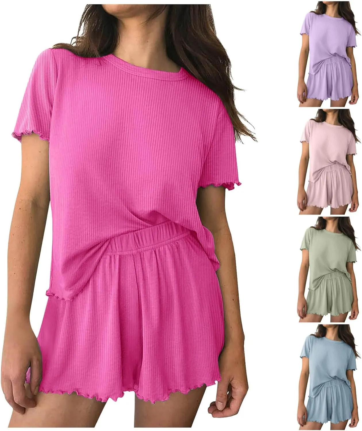 Women's Summer Pajama Sets Short Sleeve Crewneck Top with Loose Shorts Comfy Sleepwear 2 Piece Pjs Lounge Set