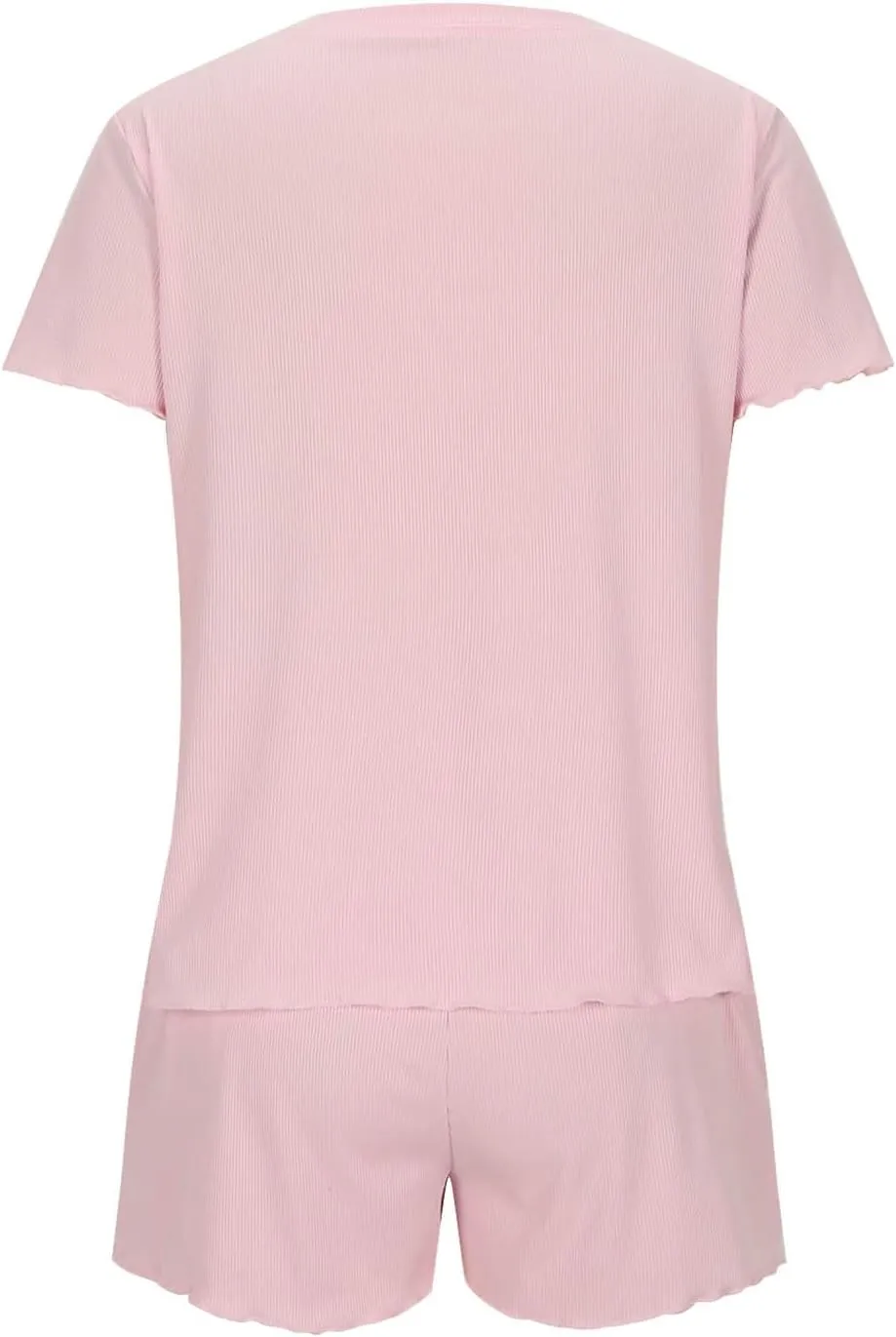 Women's Summer Pajama Sets Short Sleeve Crewneck Top with Loose Shorts Comfy Sleepwear 2 Piece Pjs Lounge Set