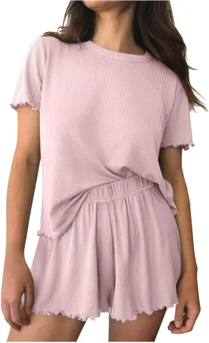 Women's Summer Pajama Sets Short Sleeve Crewneck Top with Loose Shorts Comfy Sleepwear 2 Piece Pjs Lounge Set