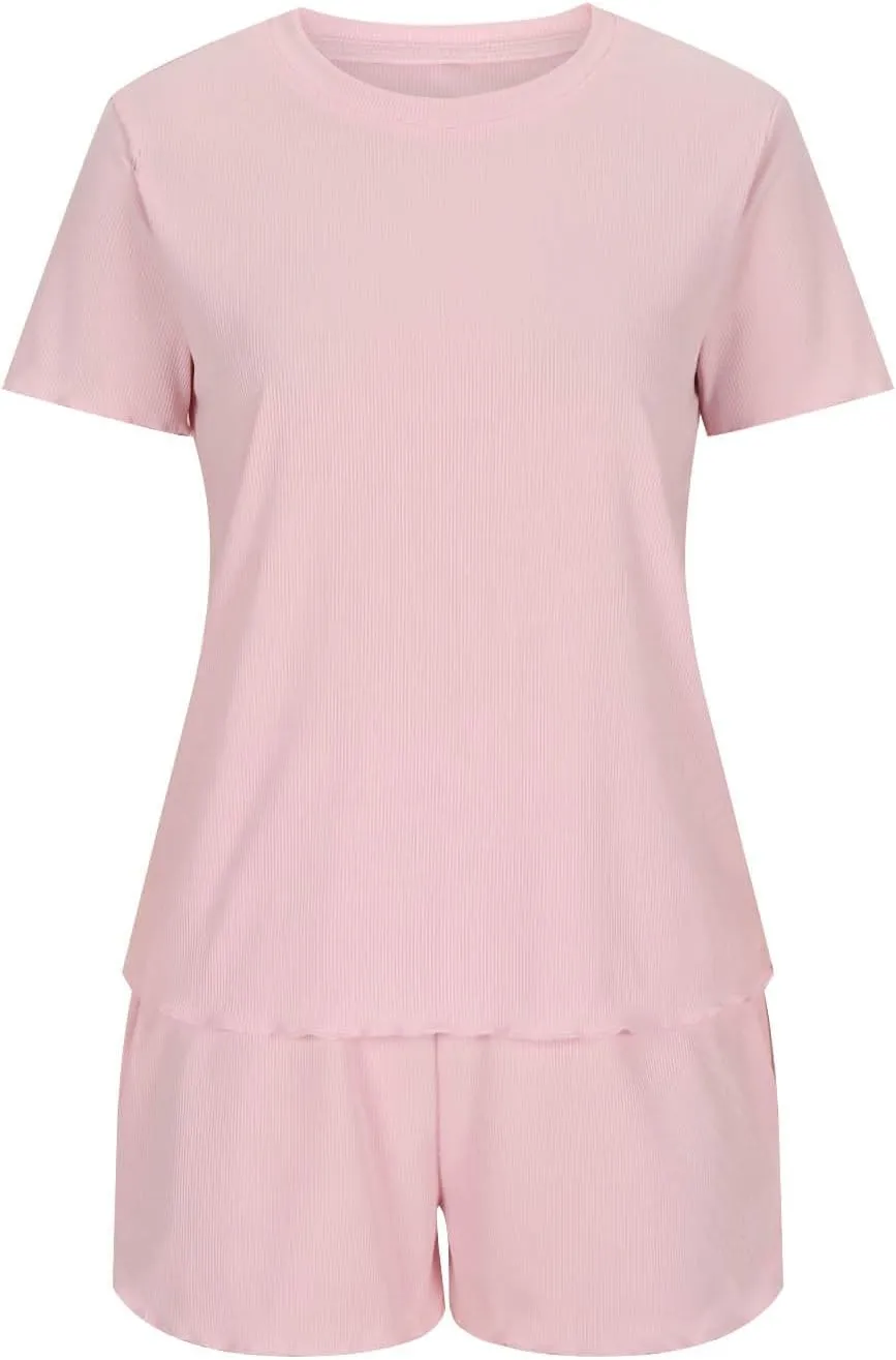 Women's Summer Pajama Sets Short Sleeve Crewneck Top with Loose Shorts Comfy Sleepwear 2 Piece Pjs Lounge Set