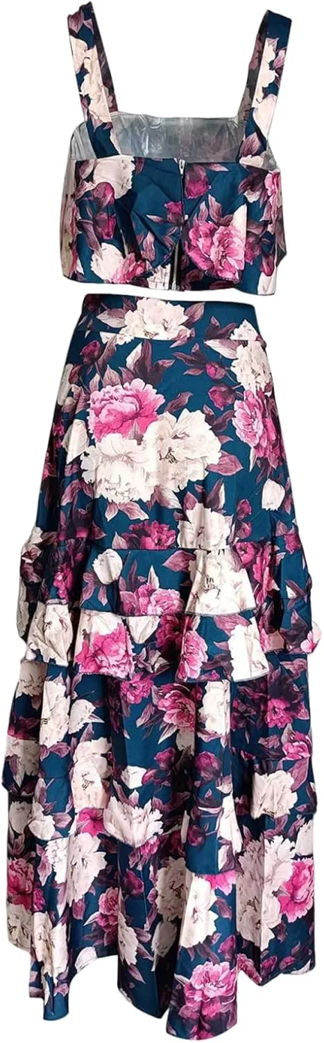 Women's Summer Ruffle Cami Top Maxi Skirt Dress Sets Floral Print Strap Tiered Ruffle Skirt Boho Beach Maxi Long Dress Sets