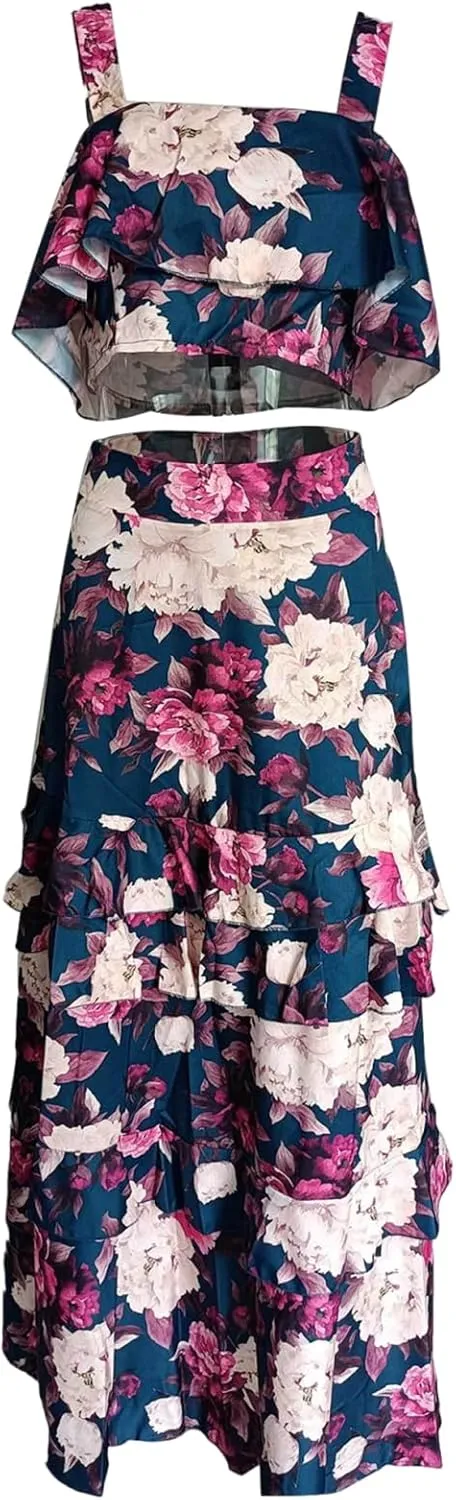 Women's Summer Ruffle Cami Top Maxi Skirt Dress Sets Floral Print Strap Tiered Ruffle Skirt Boho Beach Maxi Long Dress Sets
