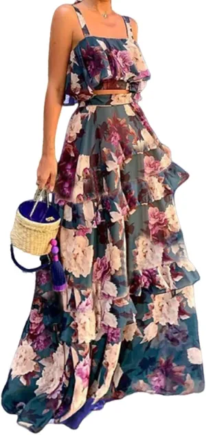 Women's Summer Ruffle Cami Top Maxi Skirt Dress Sets Floral Print Strap Tiered Ruffle Skirt Boho Beach Maxi Long Dress Sets