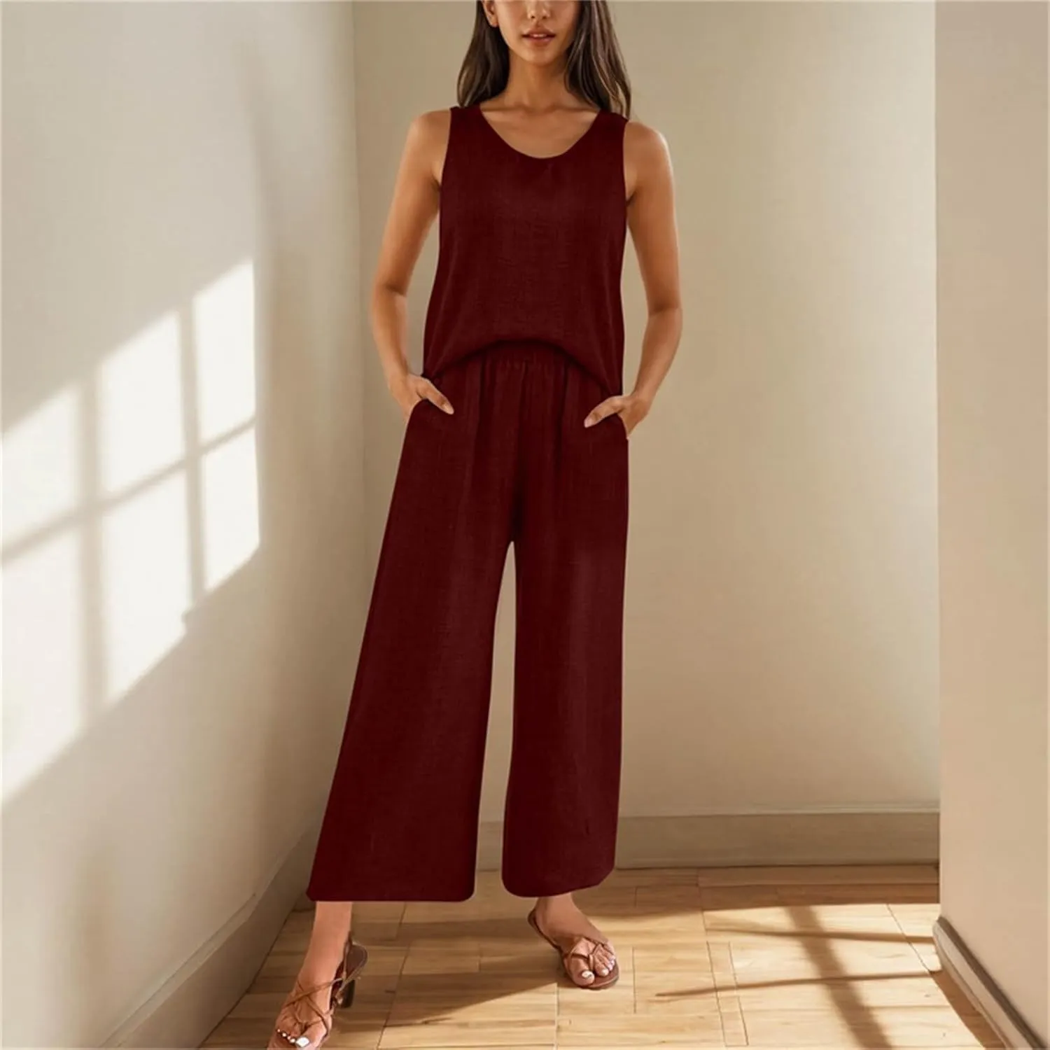 Women's Summer Sets 2 Piece Lace Hollow Out Tank Tops Wide Leg Pants Outfits Solid Fashion Lounge Matching Beach Set