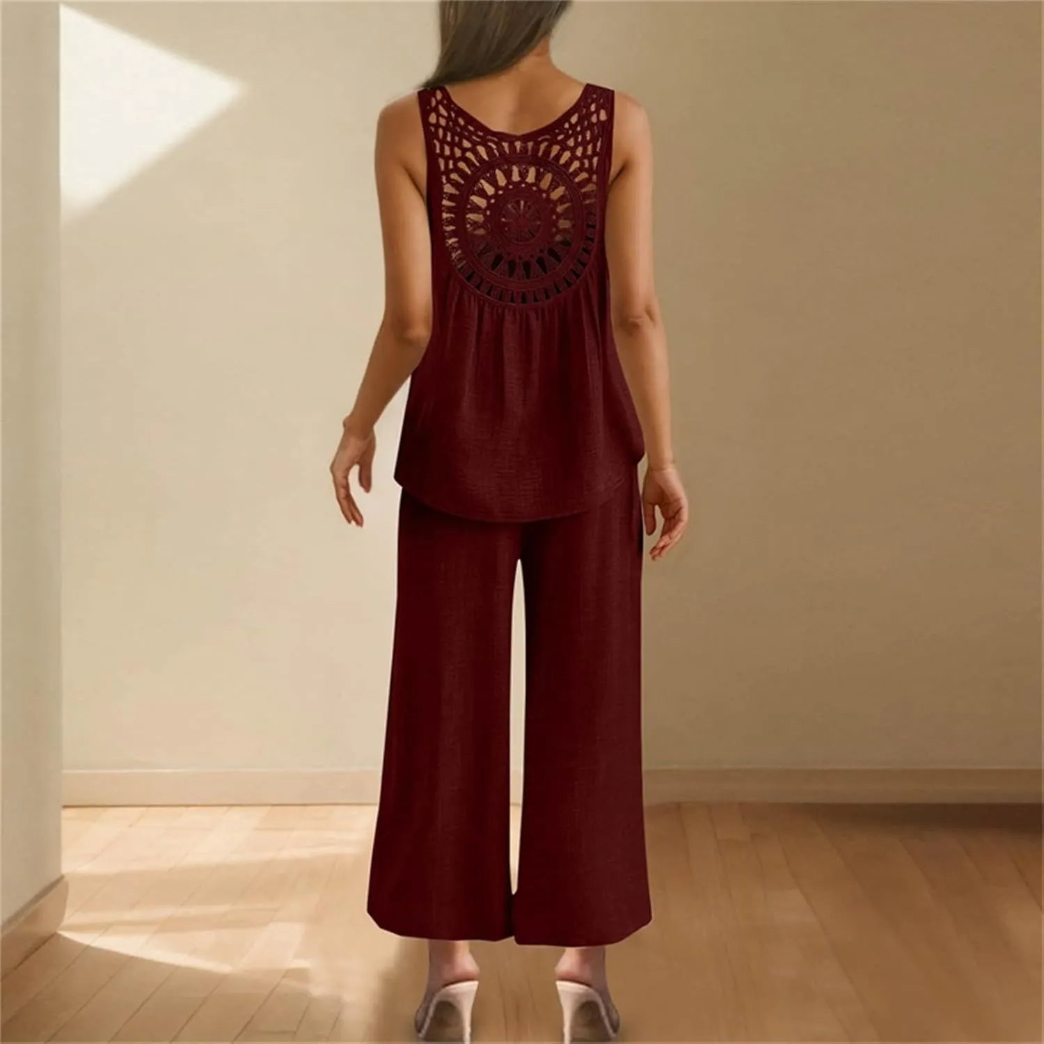 Women's Summer Sets 2 Piece Lace Hollow Out Tank Tops Wide Leg Pants Outfits Solid Fashion Lounge Matching Beach Set