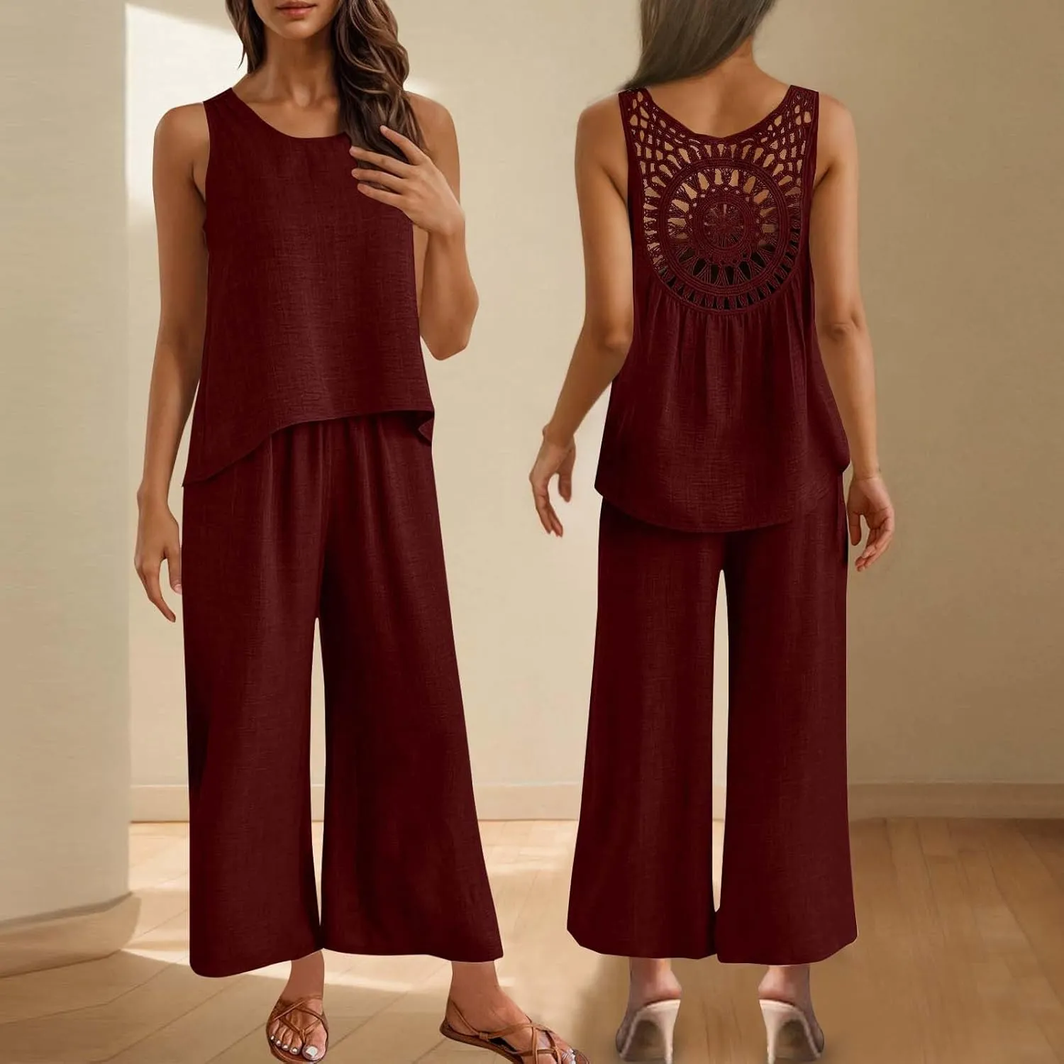 Women's Summer Sets 2 Piece Lace Hollow Out Tank Tops Wide Leg Pants Outfits Solid Fashion Lounge Matching Beach Set