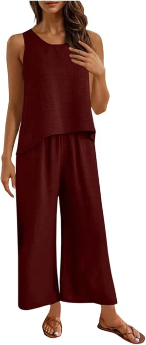 Women's Summer Sets 2 Piece Lace Hollow Out Tank Tops Wide Leg Pants Outfits Solid Fashion Lounge Matching Beach Set