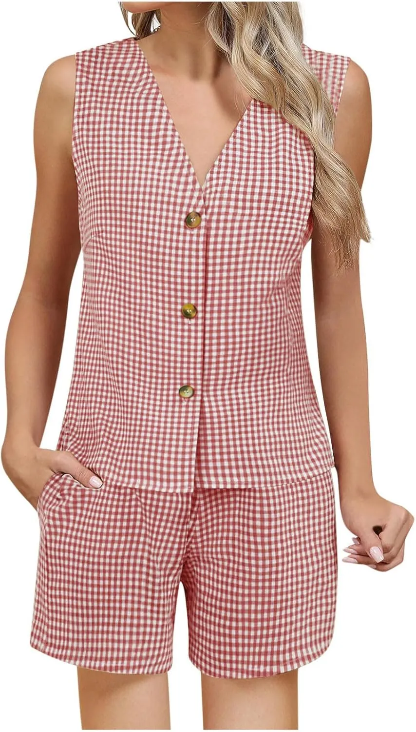 Women's Summer Sets Two Piece Vacation Outfits Business Casual Sets Button Down Vest and High Waist Shorts Loose Sets