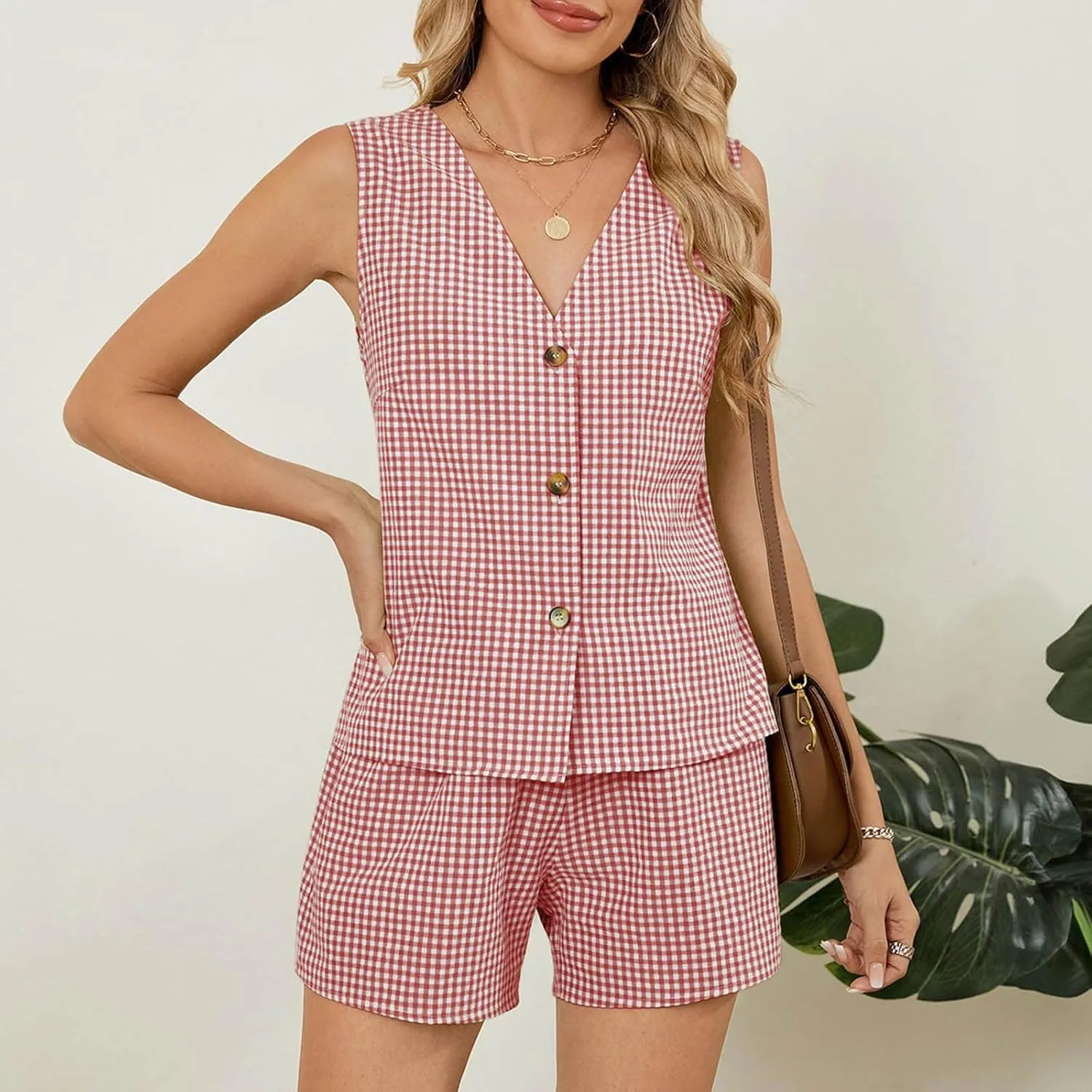 Women's Summer Sets Two Piece Vacation Outfits Business Casual Sets Button Down Vest and High Waist Shorts Loose Sets