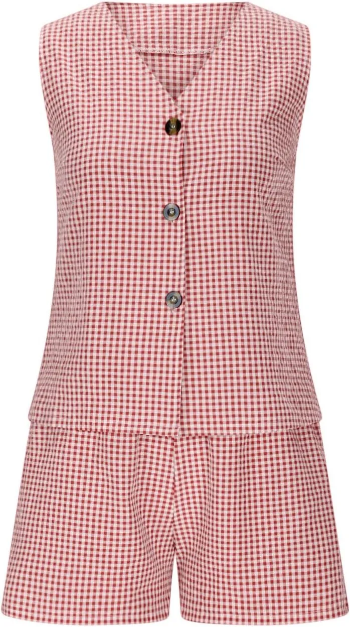 Women's Summer Sets Two Piece Vacation Outfits Business Casual Sets Button Down Vest and High Waist Shorts Loose Sets