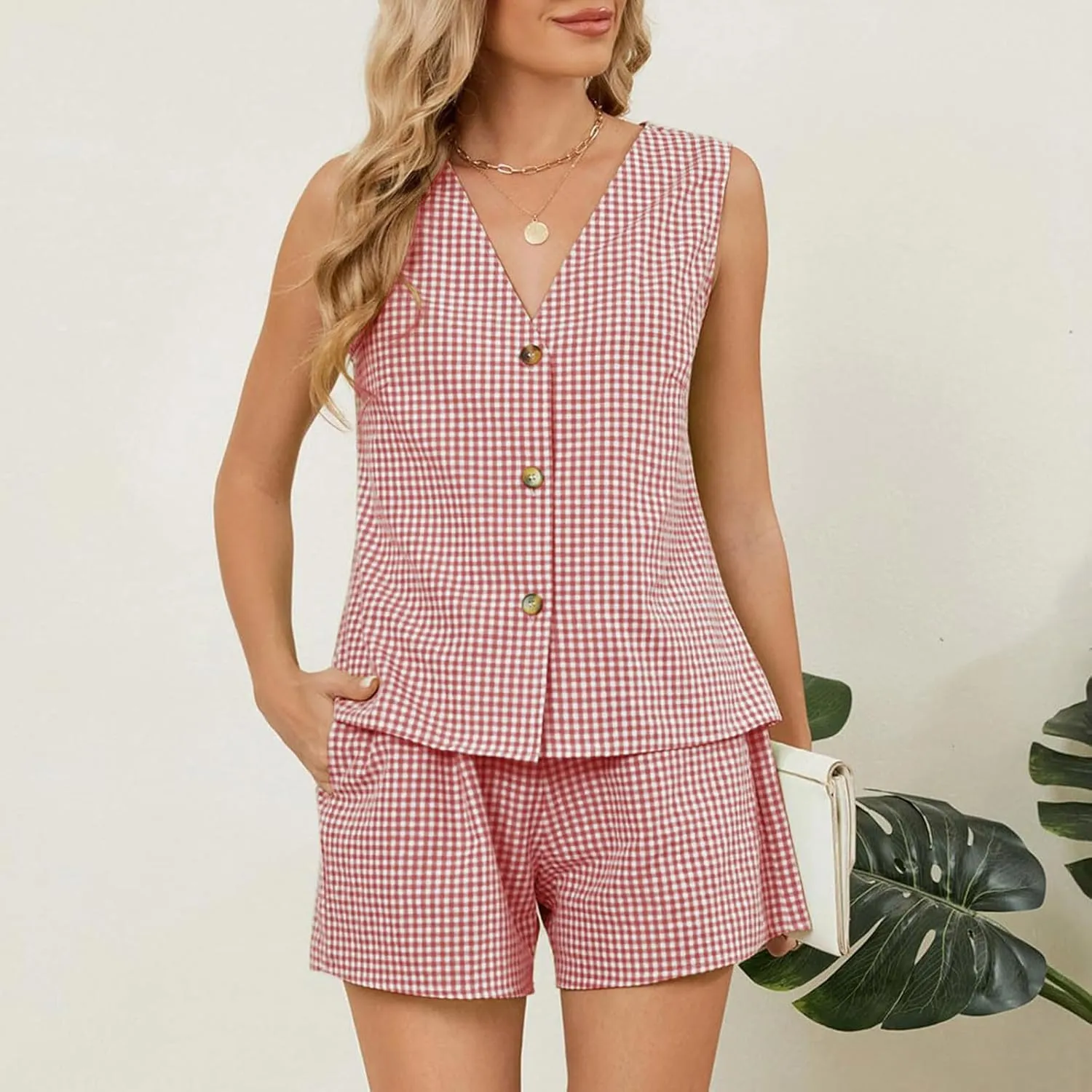 Women's Summer Sets Two Piece Vacation Outfits Business Casual Sets Button Down Vest and High Waist Shorts Loose Sets